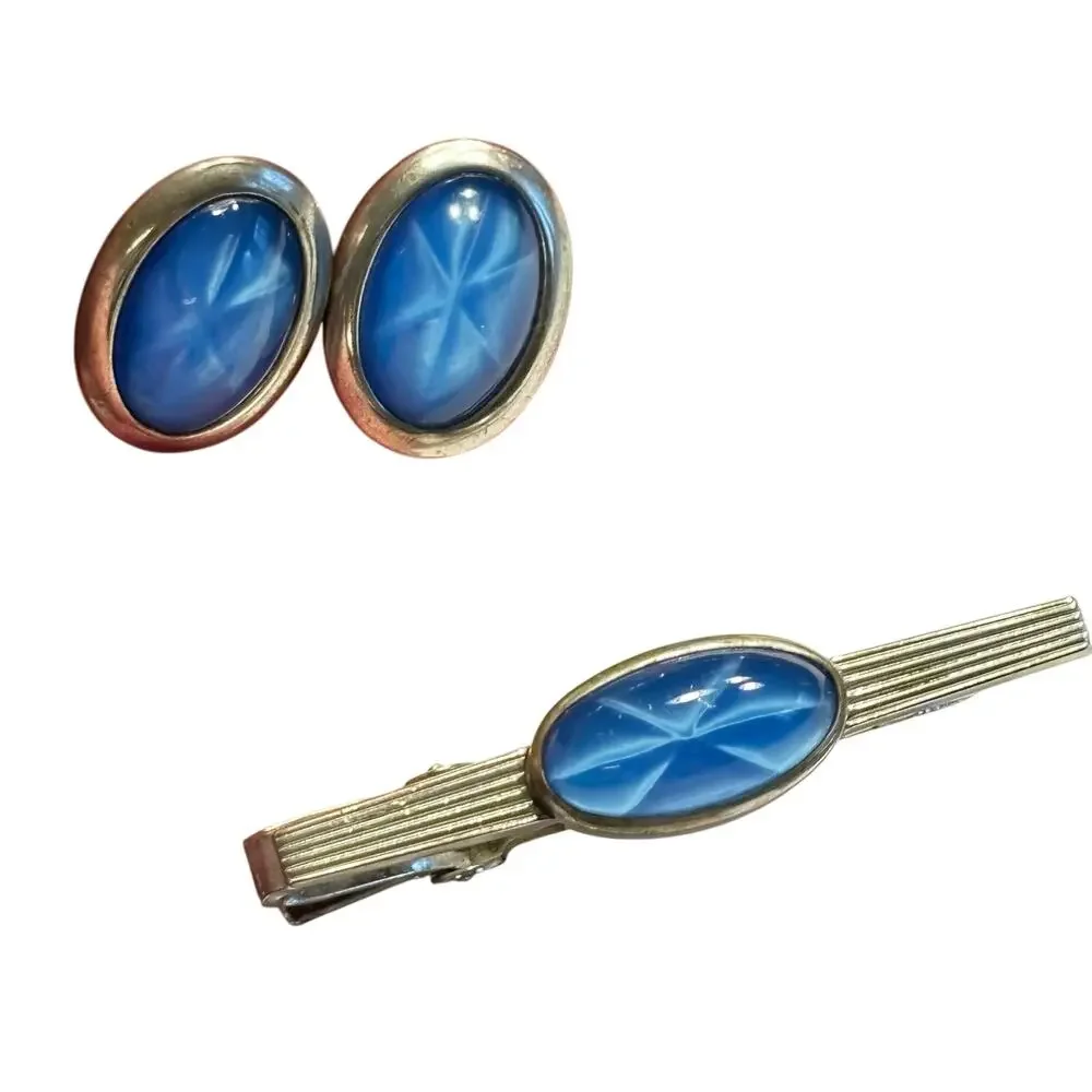 Vintage Anson silver & blue starburst men’s jewelry set cufflinks & tie bar clip